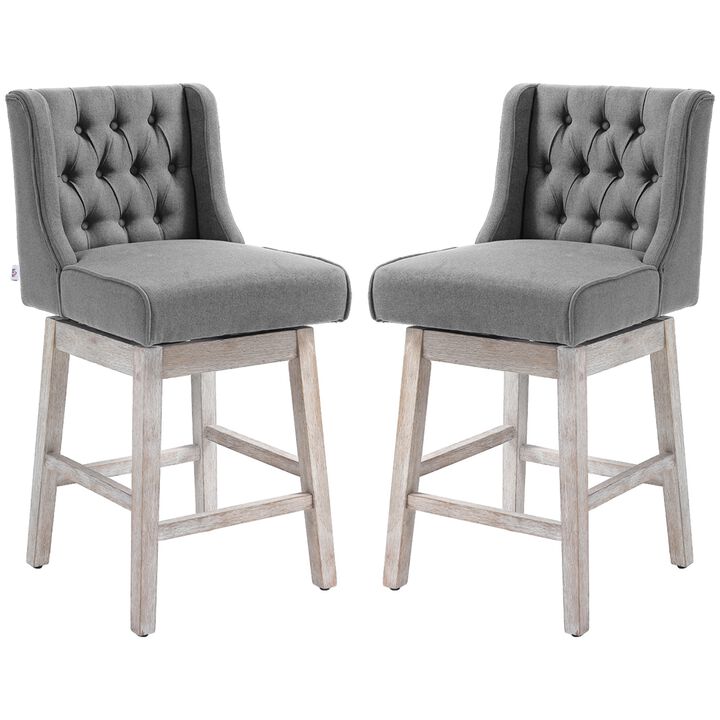 Gray Swivel Bar Stools: Set of 2, 27" Counter Height, Linen, Button Tufted
