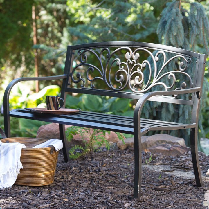 Hivvago Curved Metal Garden Bench with Heart Pattern in Black Antique Bronze Finish