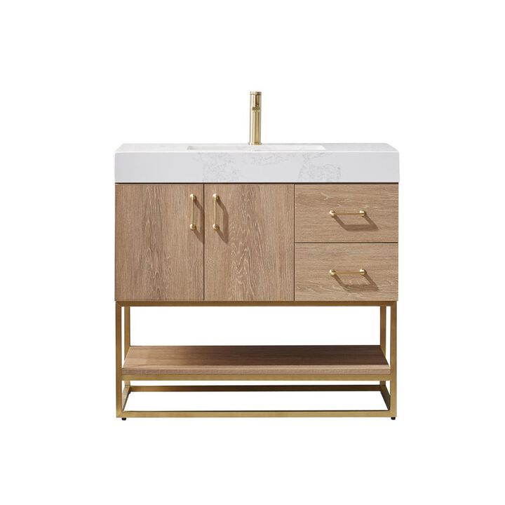 Vinnova Design 36 Single Vanity with White Grain Stone Countertop Without Mirror
