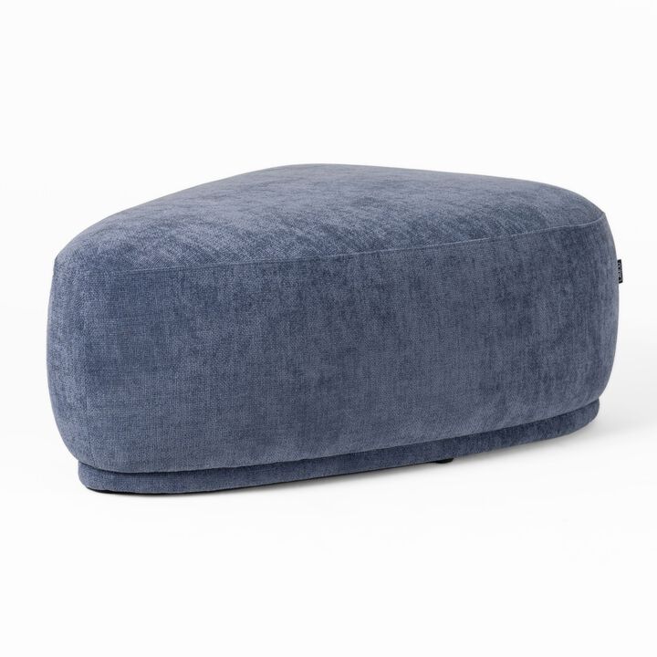 Reno Kini 44 Inch Ottoman, River Rock Shape, Blue Polyester, Wood Frame - Benzara