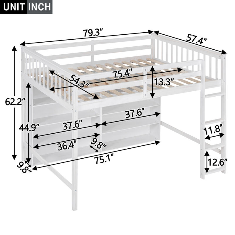 Full Size Loft Bed With 8 Open Storage Shelves And Builtin Ladder, White