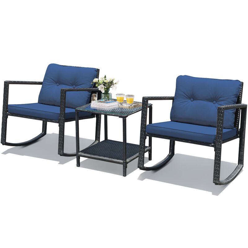 3 Pieces Cushioned Patio Rattan Set with Rocking Chair and Table