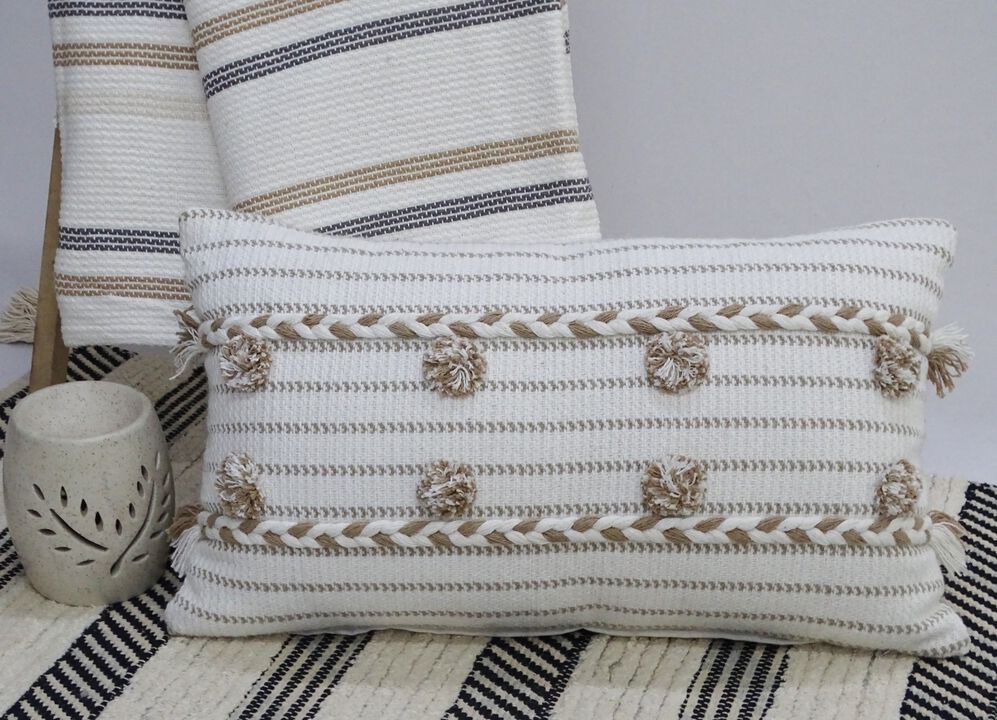 Handwoven 14" X 24" Throw Pillow with Poms