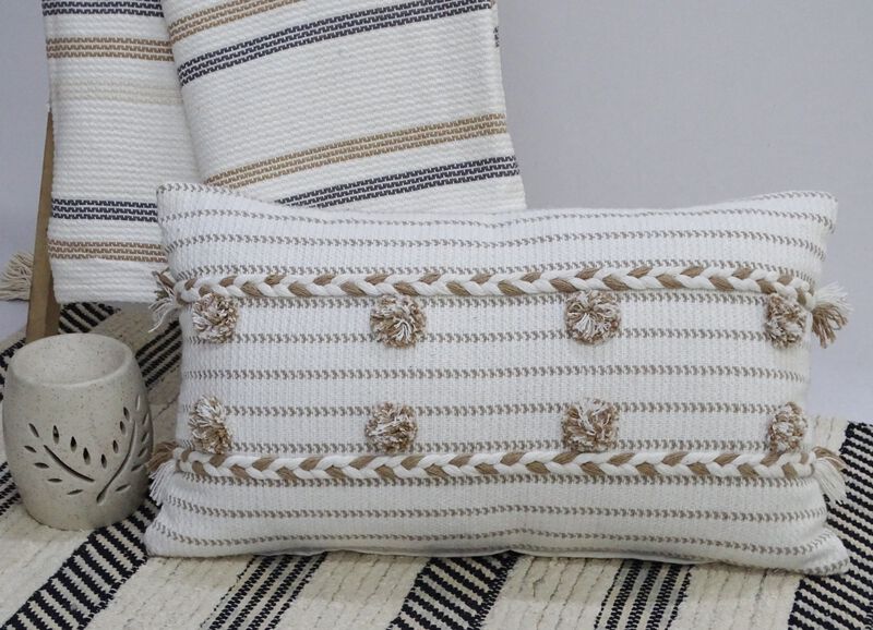 Handwoven 14" X 24" Throw Pillow with Poms