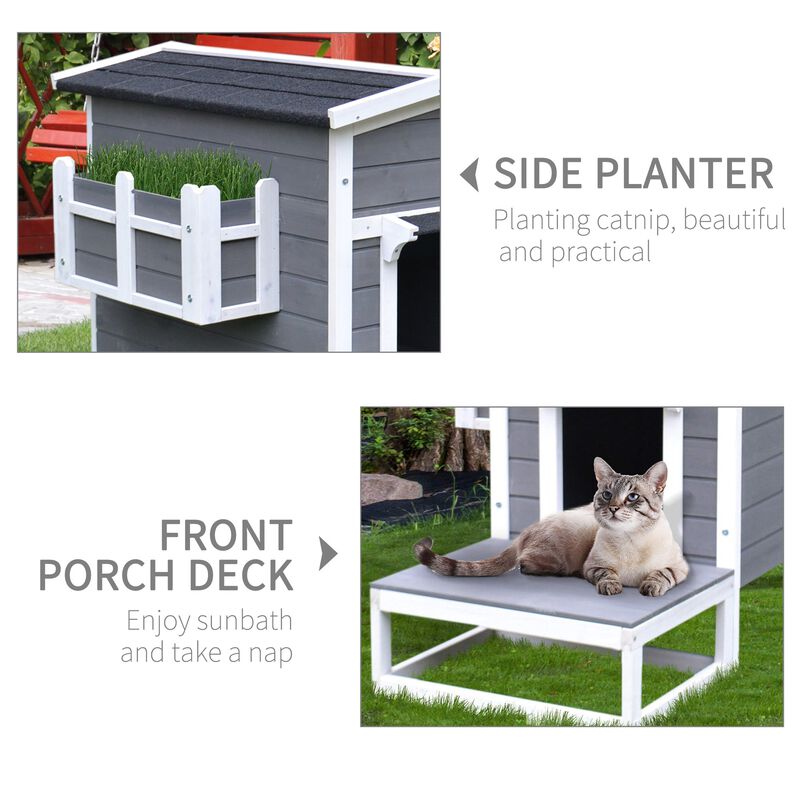 Feline Safe Haven: Dark Grey/White Outdoor Cat House with Escape Door