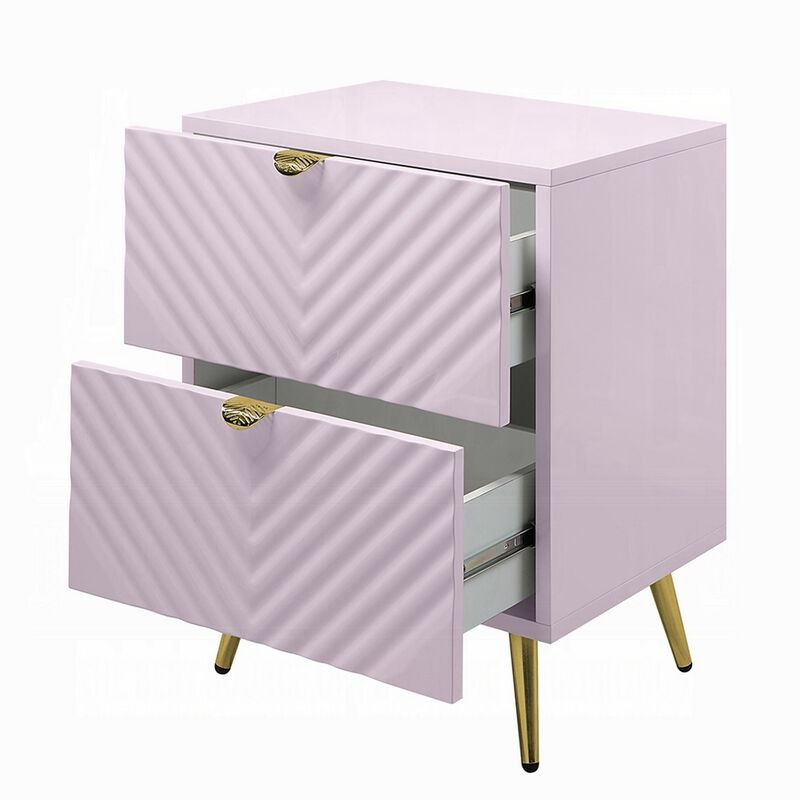 Tyra Nightstand, Geometric 2 Drawers, Gold Metal, 25 Inch Pink Wood - Benzara