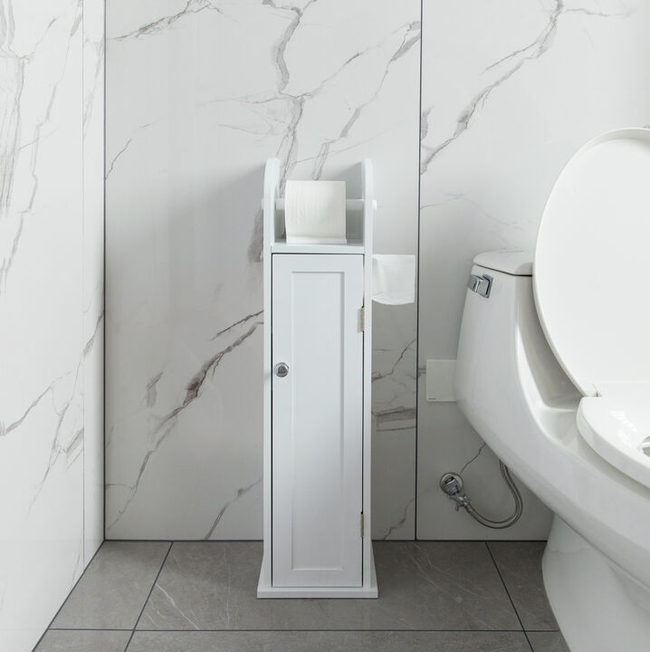White Freestanding Bathroom Toilet Paper Roll Holder with Storage and Extra Slot For Tissue Roll