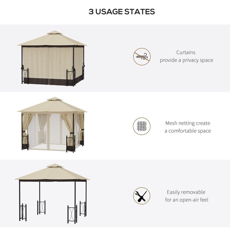 Beige Garden Haven: 13x11 Double Roof Gazebo with Netting Curtains