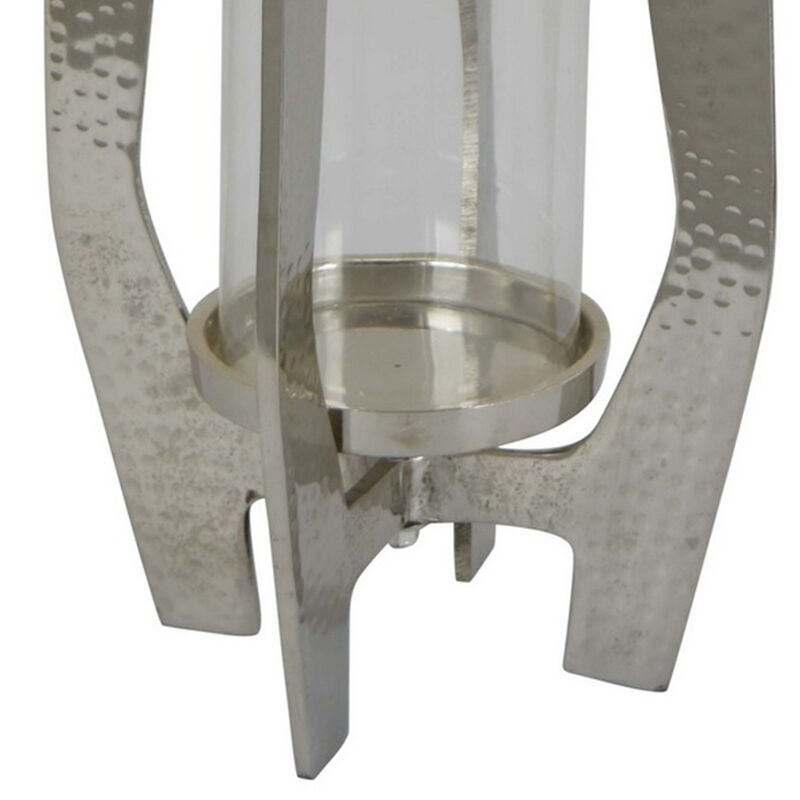 Brie Candle Holder Lantern, 23 Inch, Silver Metal Frame, Glass Shade - Benzara