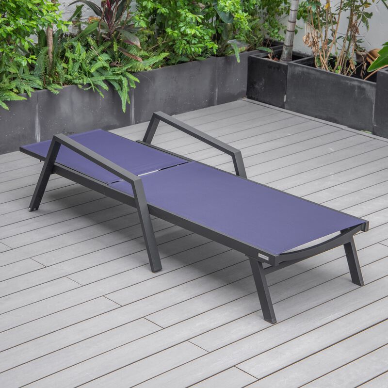 LeisureMod Marlin Patio Chaise Lounge Chair with Armrests – Black Aluminum Frame & Navy Blue Mesh for Outdoor Comfort