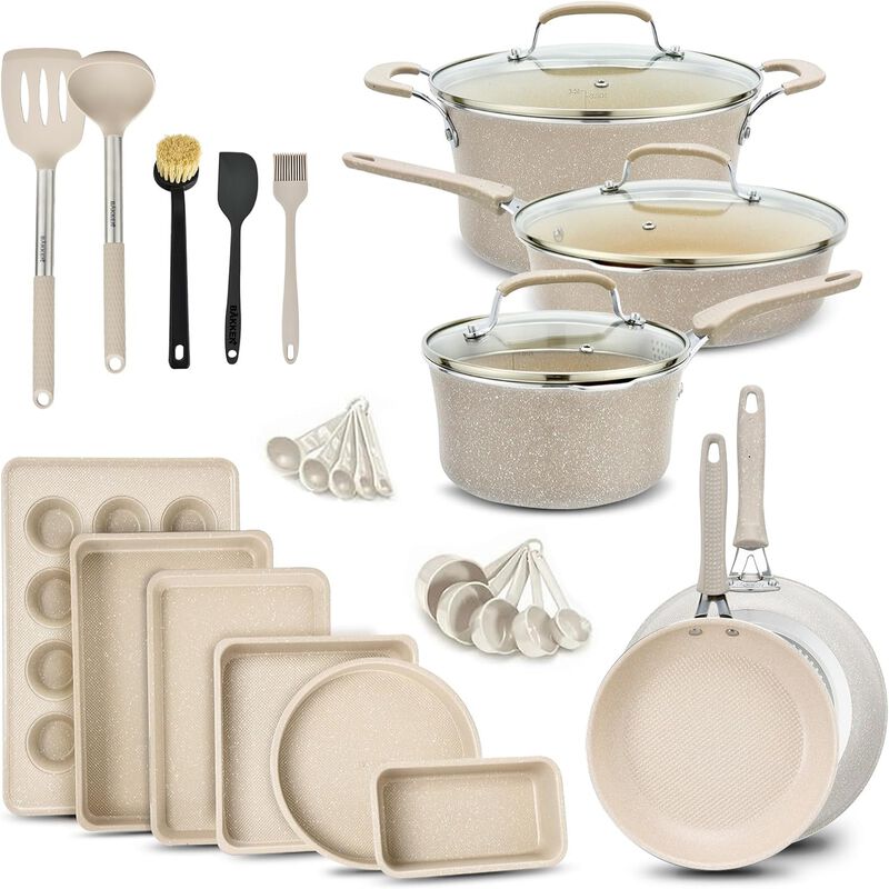 Bakken- Swiss Kitchen Cookware Set - Nonstick Coating, Pot and Pans Set with Handle Grips & Tempered Glass Lids, PFOA, PFOS, PTFE Free, Ceramic Max Temperature (Up To 500° F), Set of 23