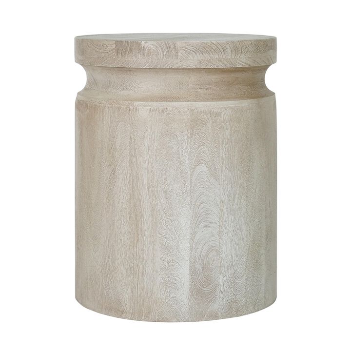 Benjara Kiv 24 Inch Side End Table, Round Mango Wood Top, Carved Accent Base, Gray, Cream