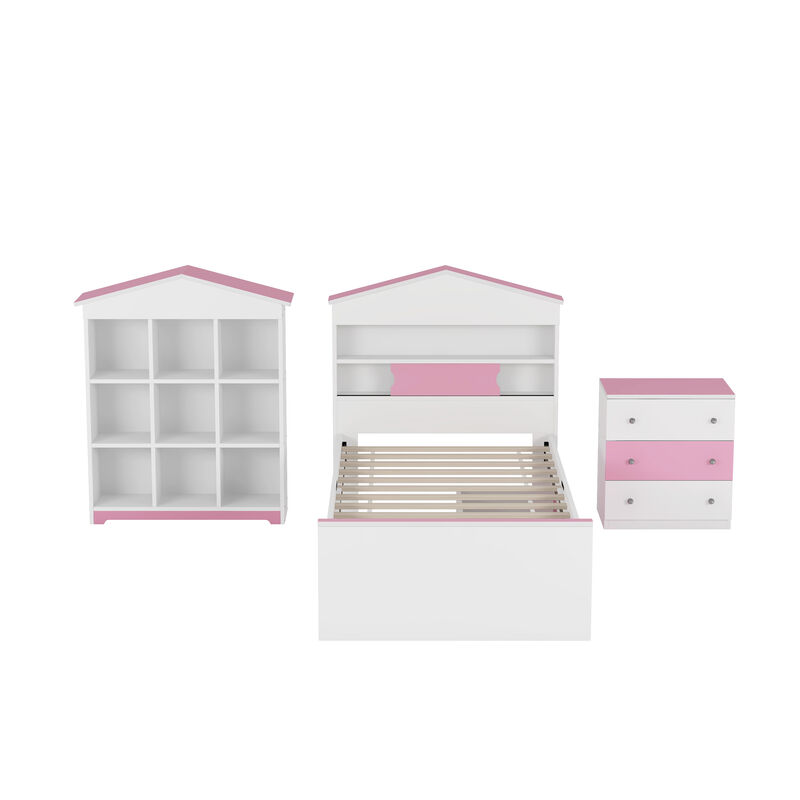Merax 3-Pieces Bedroom Bed Nightstand and Stroage Rack Sets