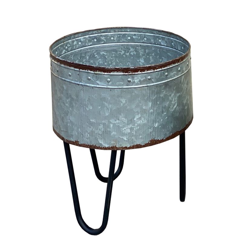 Galvanized Sheet Planter Tubs, Iron Powder Coated Hairpin Legs, Set of 3, Gray, Black-Benzara