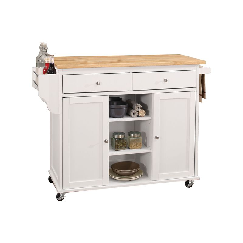 Wood Kitchen Cart, 2 Door Cabinet, Natural Brown, White-Benzara