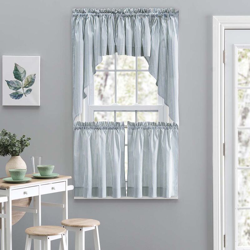 Ellis Curtain Plaza Classic Ticking Stripe Printed on Natural Ground 1.5" Rod Pocket Tailored Tiers