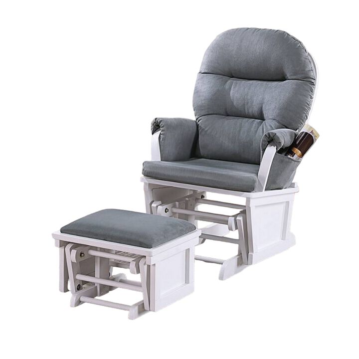 Noni Glider Manual Recliner Chair with Ottoman, White Wood, Gray - Benzara