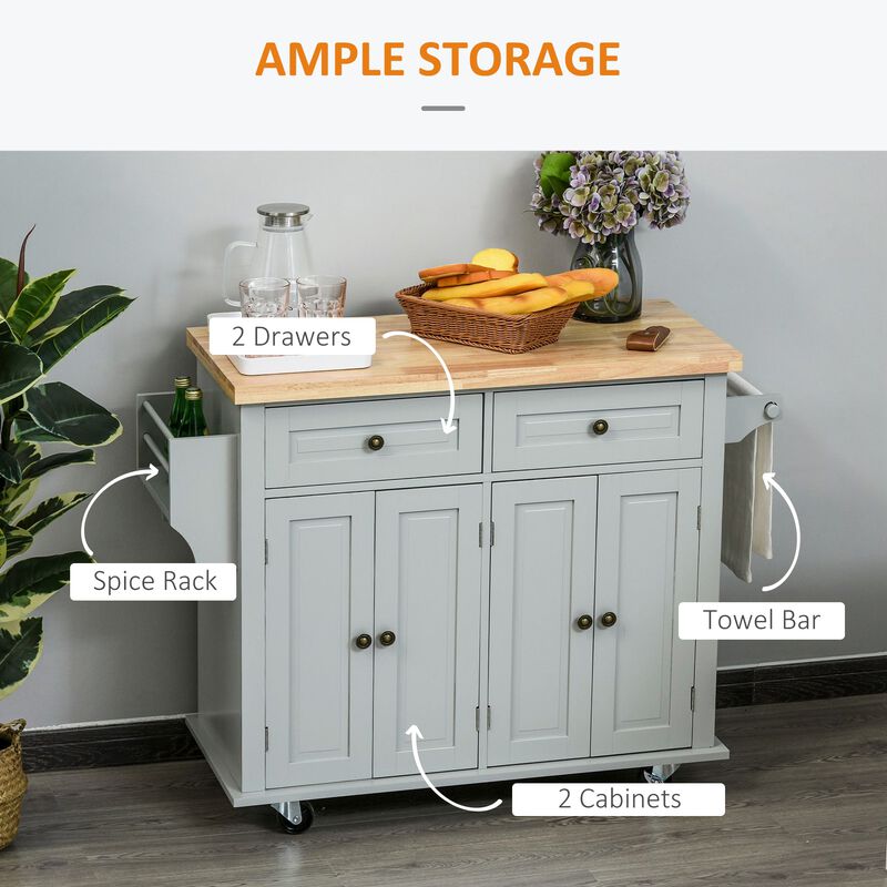 Gray Kitchen Assistant: Rolling Island with Rubber Wood Top and Storage