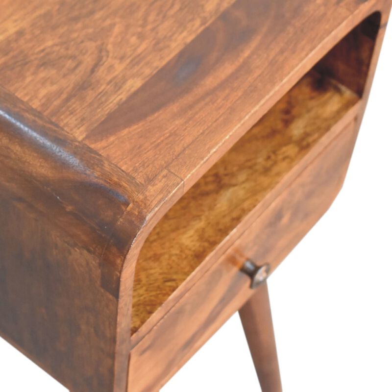 Mini Chestnut Curved 1 Drawer Nightstand  with Open Slot