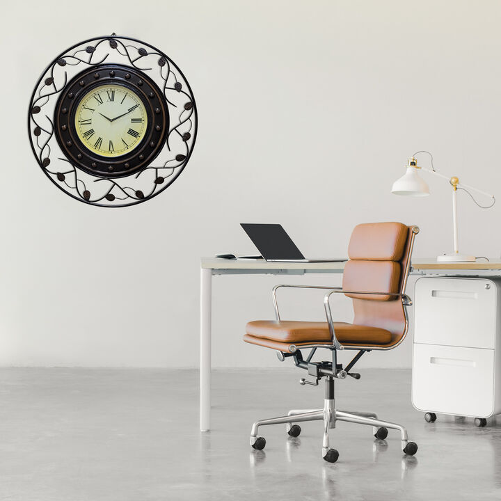 Vintage Roman Numerical 36 in Wall Clock with Elegant Black Metal Leaf Design Frame - for Dining, Living Room, or Kitchen - Antique Style, Large Numbers, Unique Wall Art, Traditional Clock