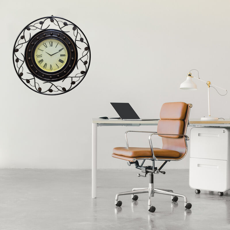 Vintage Roman Numerical 36 in Wall Clock with Elegant Black Metal Leaf Design Frame - for Dining, Living Room, or Kitchen - Antique Style, Large Numbers, Unique Wall Art, Traditional Clock