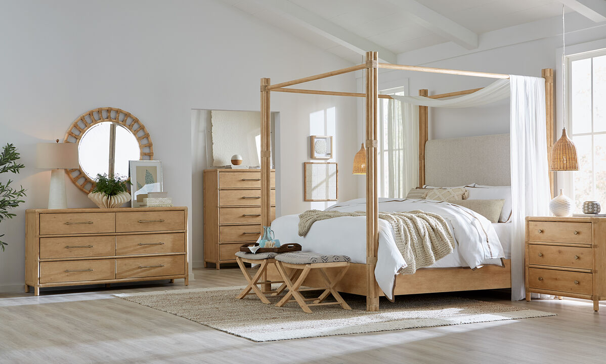 Retreat Pole Rattan Cal King Upholstered Poster Bed and Canopy