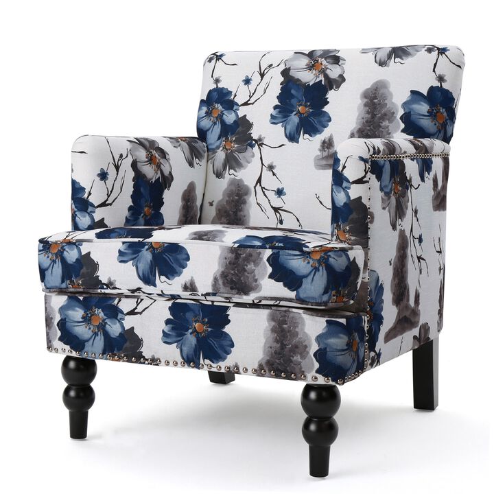 Lit Accent Chair, Button Tufted Floral White Blue Print, Multicolor - Benzara