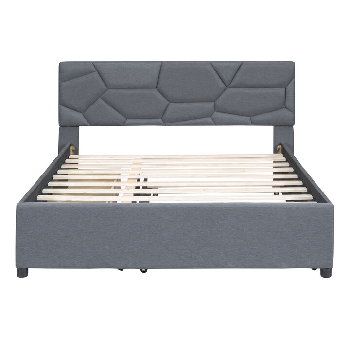 Merax Upholstered Platform Bed with Brick Pattern Headboard, with Twin XL Size Trundle and 2 drawers, Linen Fabric