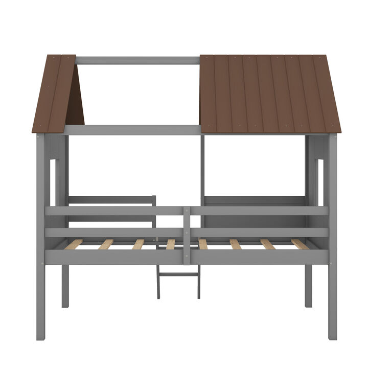 Twin Size Low Loft Wood House Bed With Two Side Windows