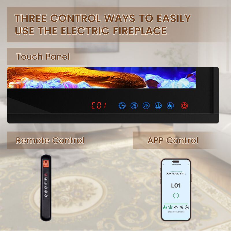 Smart 74” Wall-Mounted Electric Fireplace with Realistic Flame Effects, Dual Heating, and Alexa Compatibility