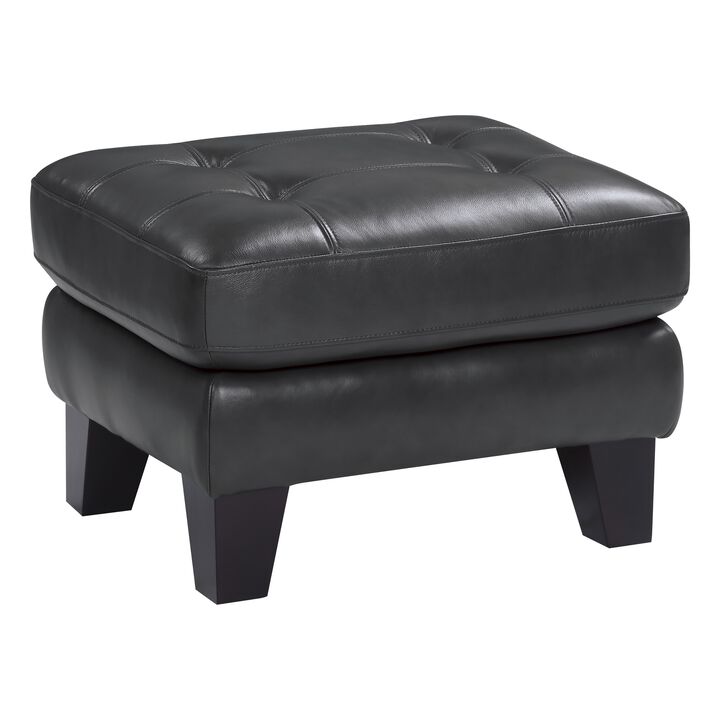 Sofy 27 Inch Ottoman, Dark Gray Top Grain and Faux Leather, Solid Wood - Benzara
