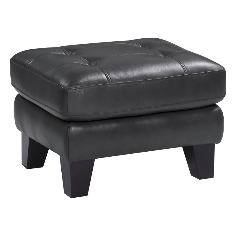 Sofy 27 Inch Ottoman, Dark Gray Top Grain and Faux Leather, Solid Wood - Benzara