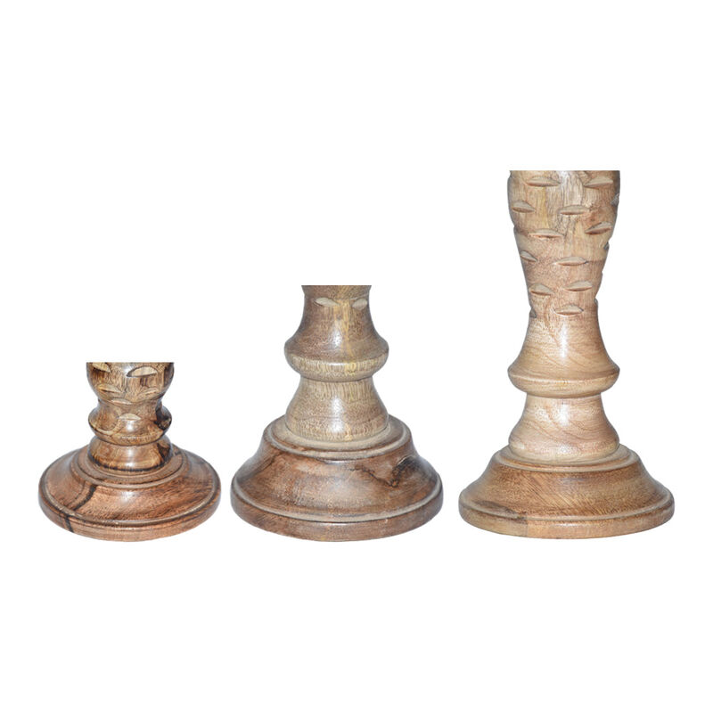 Traditional Wallnut Eco-friendly Handmade Mango Wood Set Of Three 6",9" & 12" Pillar Candle Holder