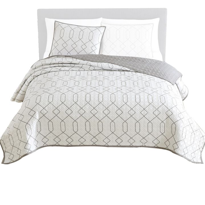 Jim 2 Piece Twin Size Reversible Coverlet Set, Geometric White and Gray - Benzara