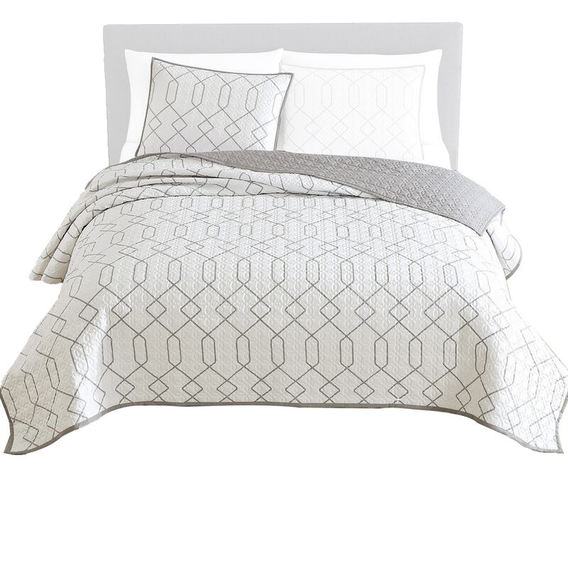 Jim 2 Piece Twin Size Reversible Coverlet Set, Geometric White and Gray - Benzara