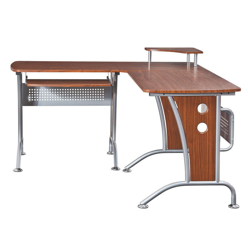 Deluxe L-Shaped Computer Desk With Pull Out Keyboard Panel, Mahogany
