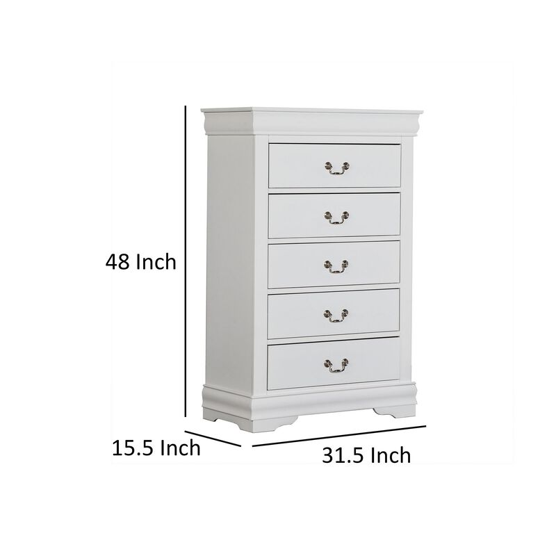 Ryla Tall Dresser Chest, 5 Drawers, Nickel Metal Handles, White Solid Wood