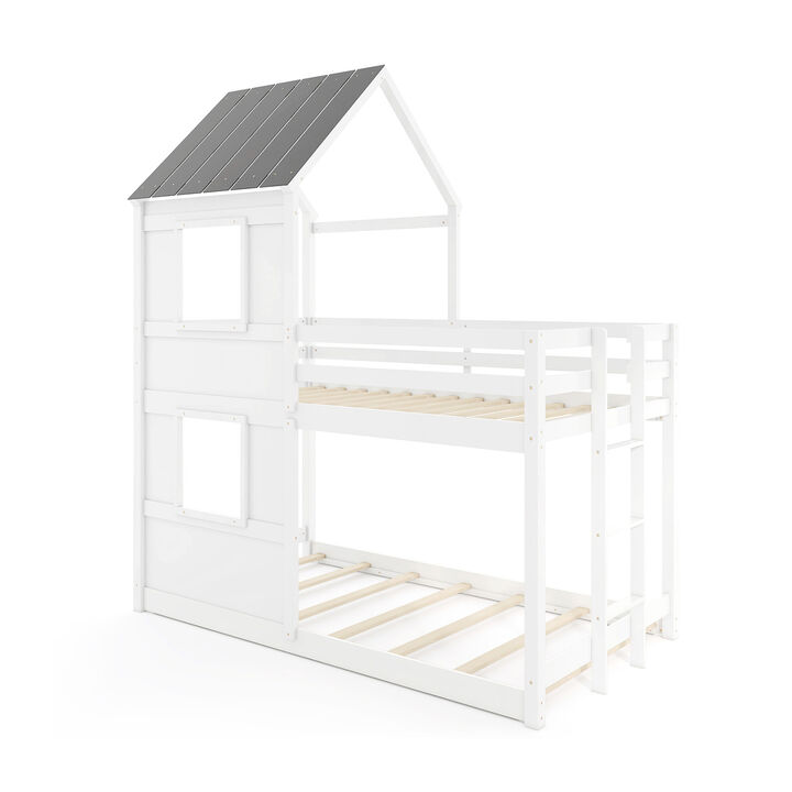 Wooden Bunk Bed with Full-length Safety Guardrail and Ladder