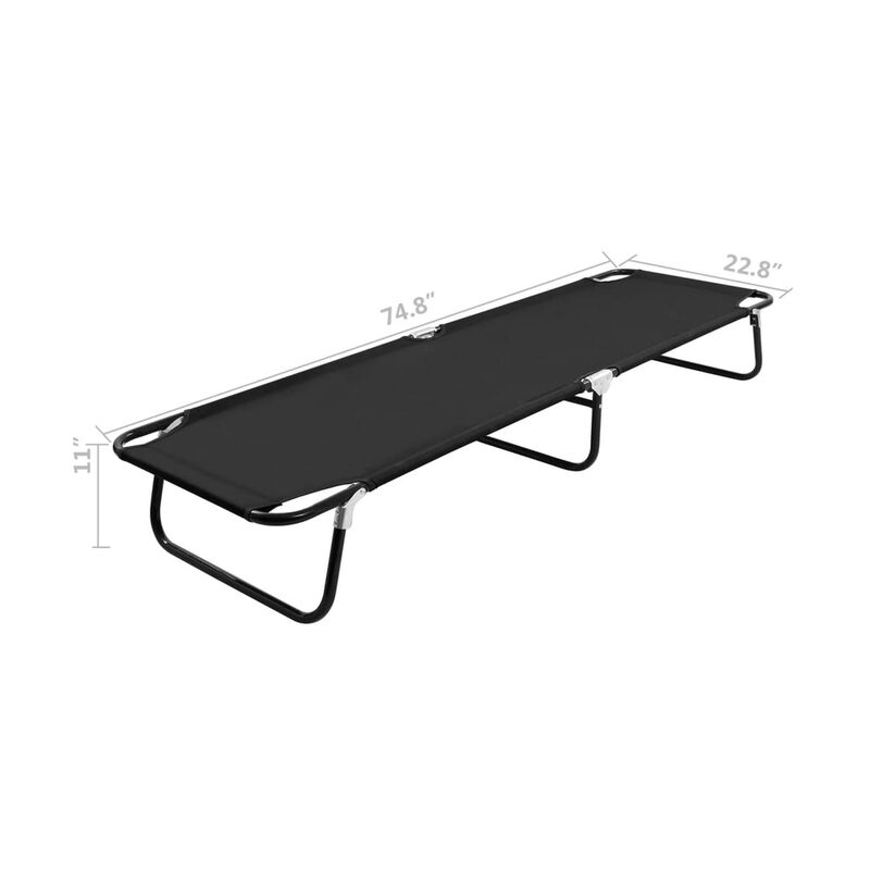 Zena Outdoor Lounger Sunbed, Black Fabric 75 Inch Foldable Steel Frame - Benzara