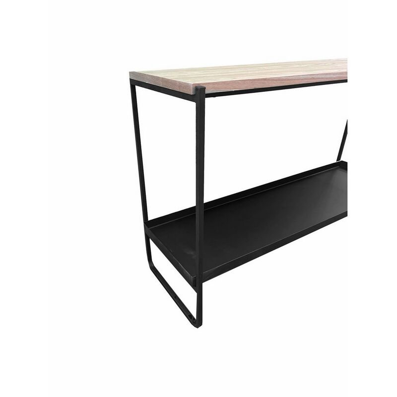 Evon 39 Inch Console Table, Natural Brown Wood Top and Shelf, Black Metal - Benzara
