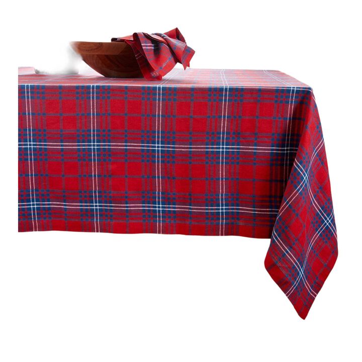 Solino Home 100% Pure Linen Red and Navy Tartan Plaid Tablecloth
