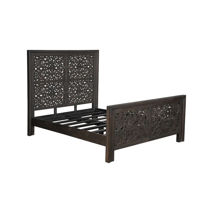 Taran Designs Calista Floral Carved Solid Wood Queen Panel Bed