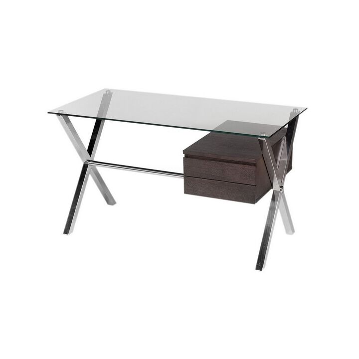 Tia 51 Inch Small Office Desk, Glass Tempered Top, 2 Drawers, Dark Brown - Benzara