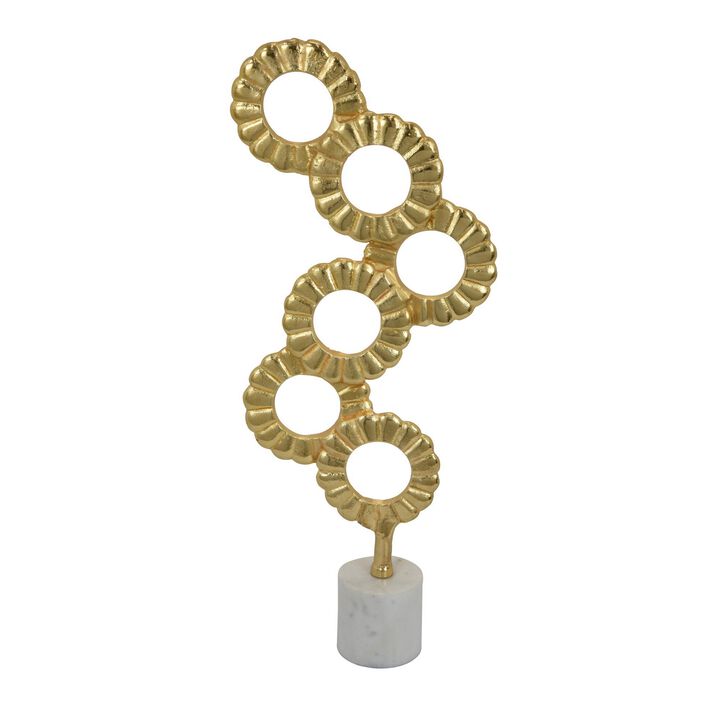 Sherry Tabletop Decor, 23 Inch Golden Metal Round Patterns, White Base - Benzara