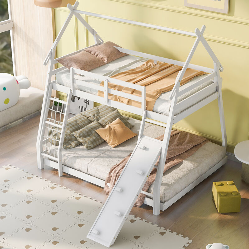 Merax House Bunk Bed with Climbing Nets and Climbing Ramp