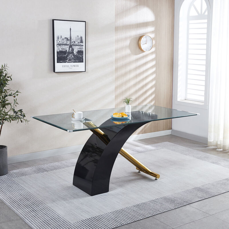 Rectangular Glass Top Dining Table, Modern Design Rectangular Room Table For Home (Black Or White)