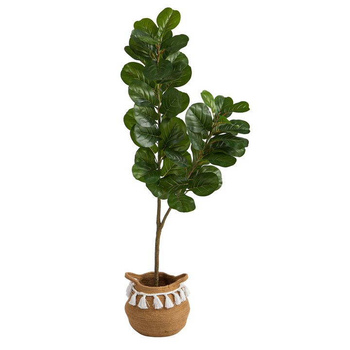 Hivvago 4.5 Feet Fiddle Leaf Fig Artificial Tree with Boho Chic Handmade Natural Cotton Woven Planter with Tassels