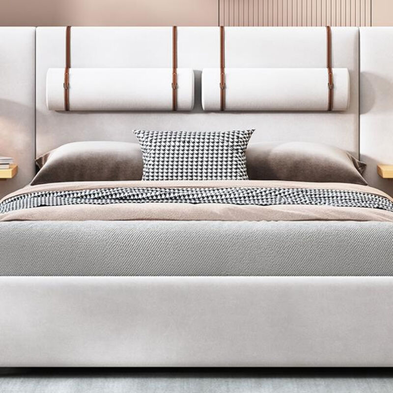 Upholstered Bed Frame with Dual USB Ports Outlets Storage Shelves and Pillows