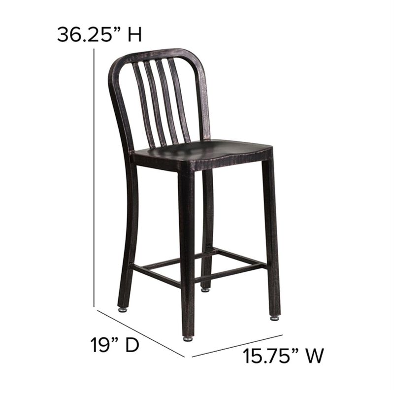 Flash Furniture Commercial Grade 24" High Black-Antique Gold Metal Indoor-Outdoor Counter Height Stool with Vertical Slat Back