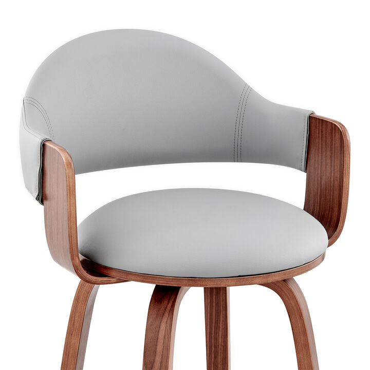 26 Inch Leatherette Barstool with Curved Back, Gray and Brown-Benzara